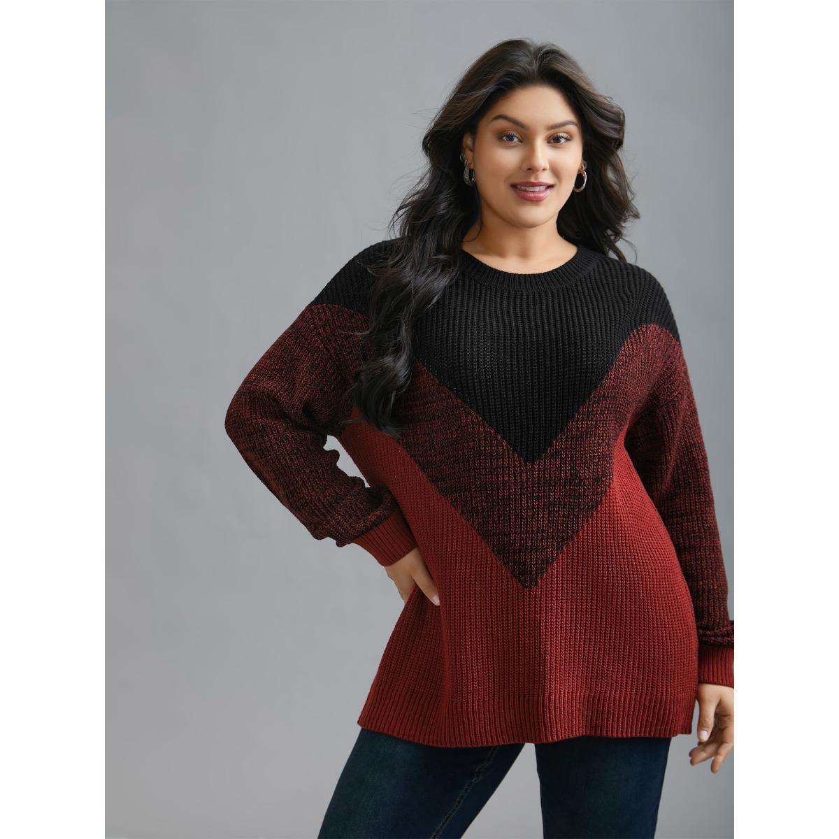 Plus Size Textured Balloon Sleeves Color Block Pullover Deepred Women Casual Loose Long Sleeve Round Neck Everyday Pullovers BloomChic 10/M Product Image
