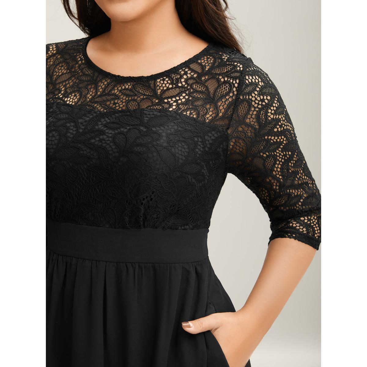 Plus Size Lace Patchwork Shirred Midi Pocket Dress Black Women Cocktail Woven ribbon&lace trim Round Neck Elbow-length sleeve Curvy BloomChic 22-24/3X Product Image