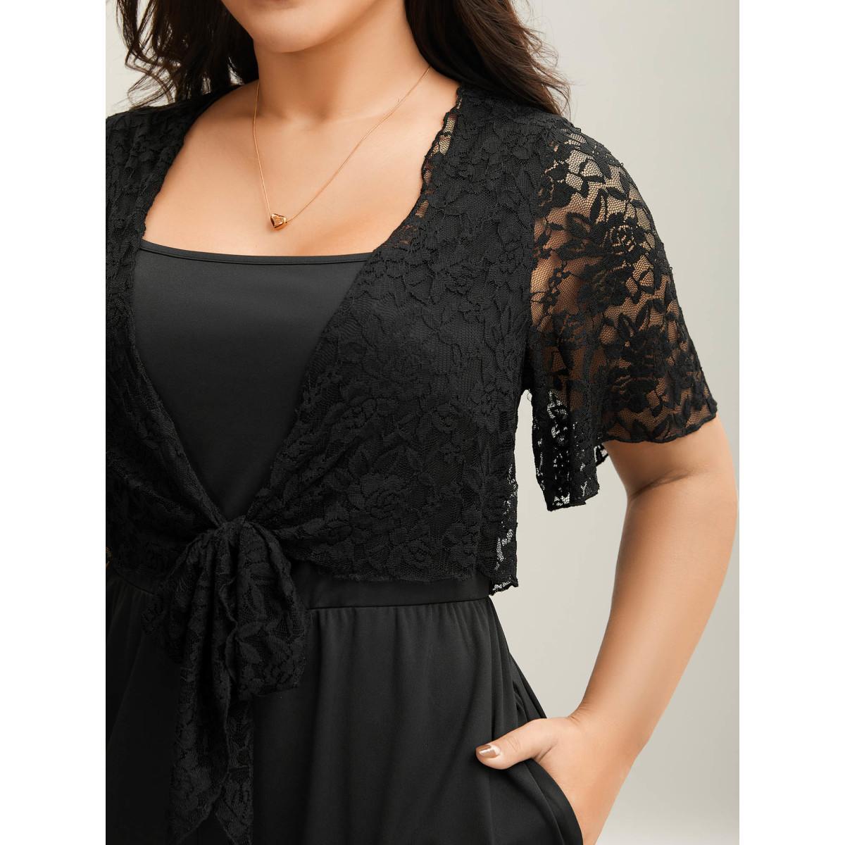 Plus Size Black Front-Tie Sheer Lace Sleeve Jumpsuit Women Elegant Short sleeve Asymmetrical Neck Everyday-Elegant Loose Jumpsuits BloomChic 10/M Product Image