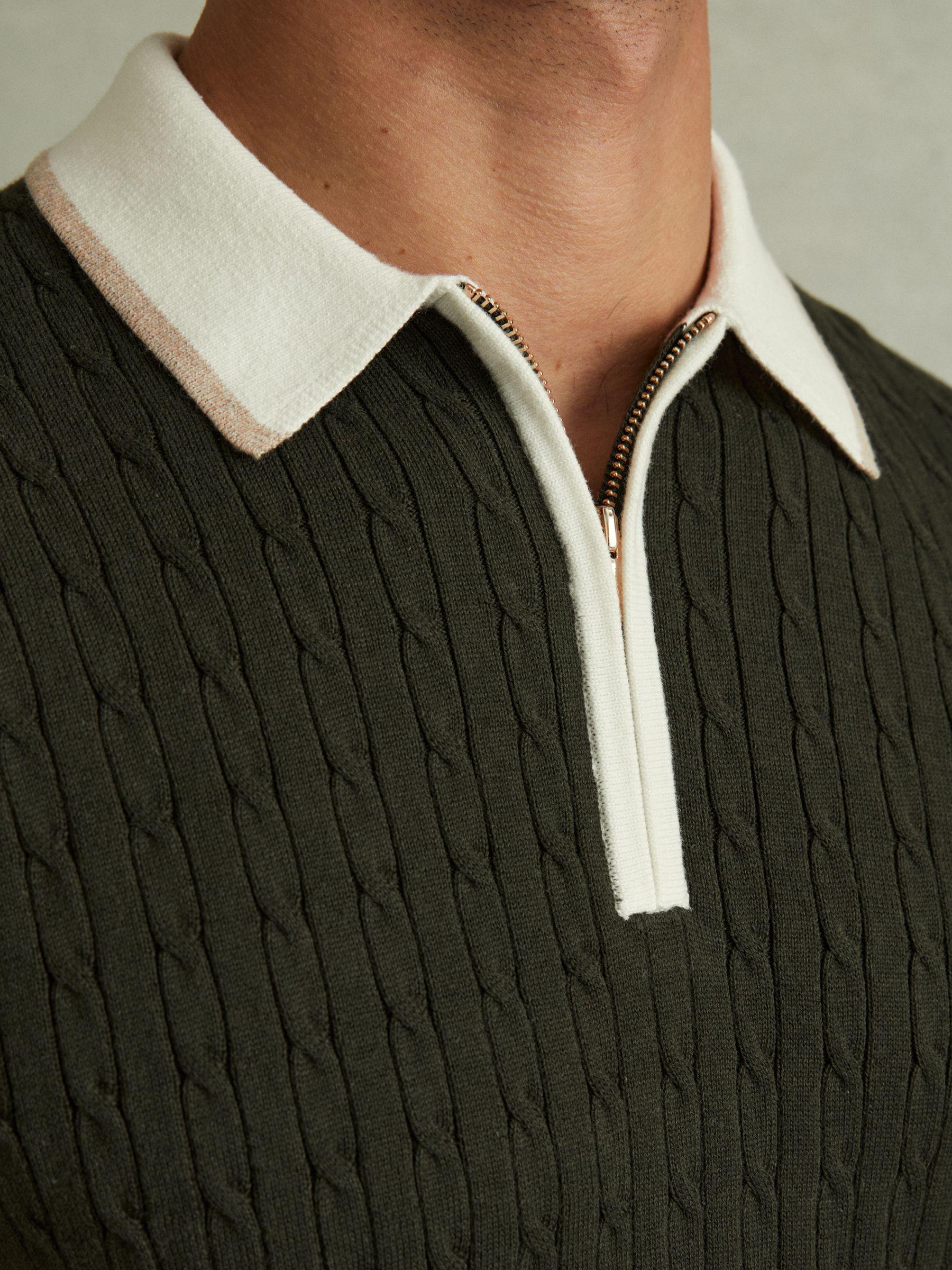 Cotton Blend Cable Knit Half-Zip Polo Shirt in Khaki Green/Off White/Camel Product Image