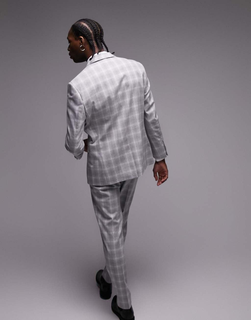 Topman slim fabric interest checked suit jacket in gray Product Image