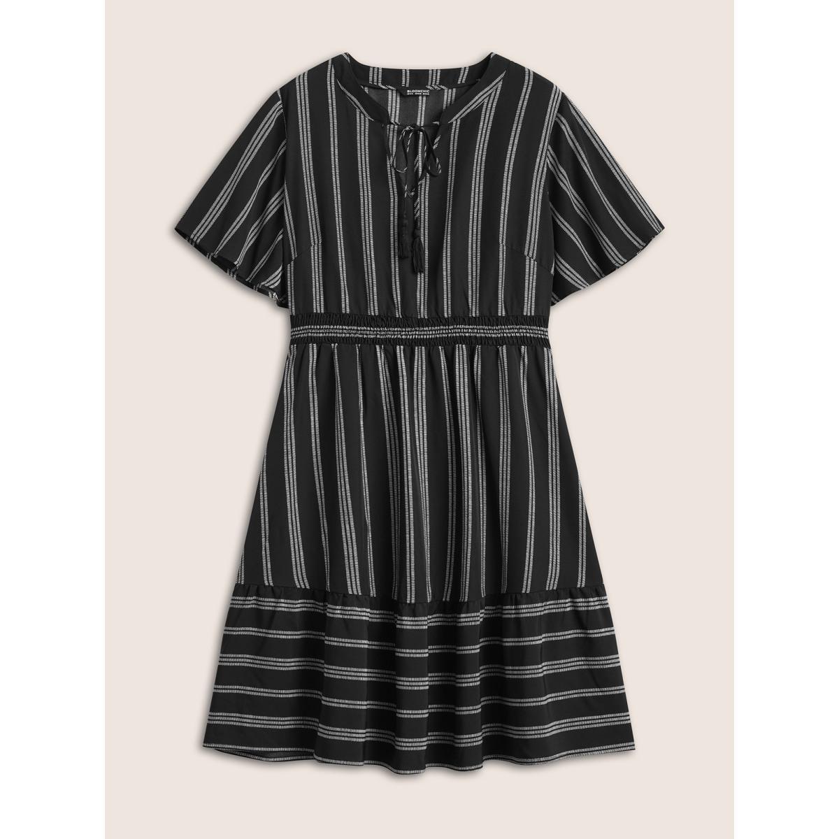 Plus Size Striped Patchwork Tassels Ties Shirred Dress Black Women Resort Non V-neck Short sleeve Curvy Midi Dress BloomChic 14-16/1X Product Image