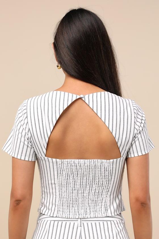 Danai White and Slate Striped Short Sleeve Crop Top Product Image
