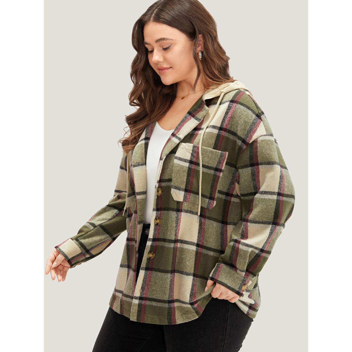 Plus Size Plaid Hooded Drawstring Pocket Coat Women Multicolor Contrast Pocket Dailywear Jackets BloomChic 10/M Product Image