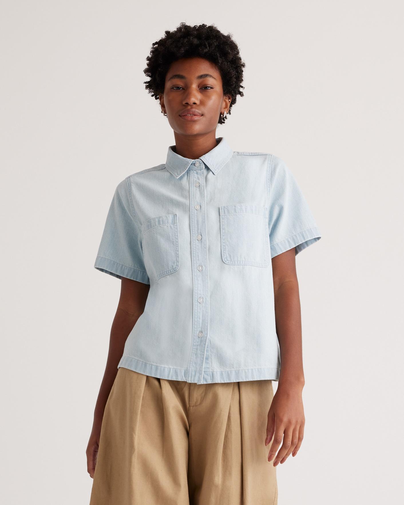 Quince | Women's Distressed Denim Short Sleeve Shirt Size XS, Cotton Product Image