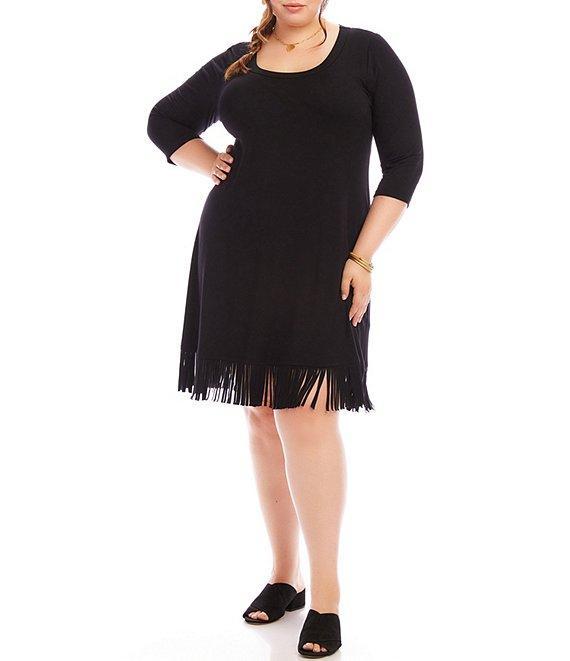 Karen Kane Plus Size Knit Jersey Scoop Neck 3/4 Sleeve Fringe Hem Dress Product Image