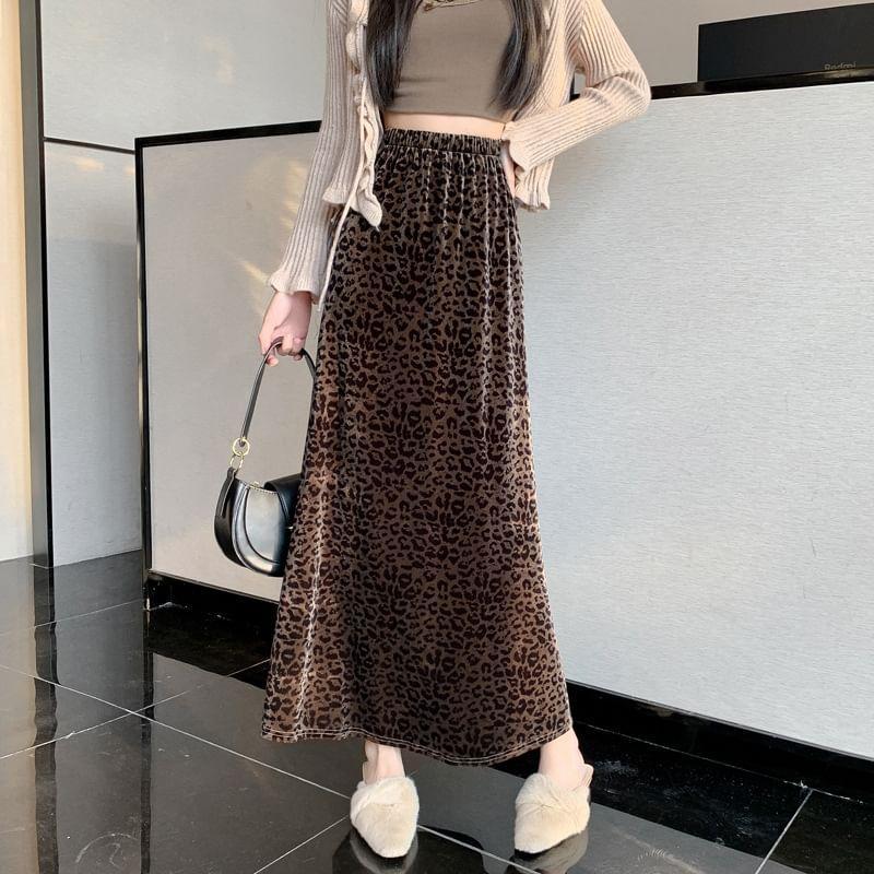 Elastic Waist Leopard Maxi A-Line Skirt Product Image