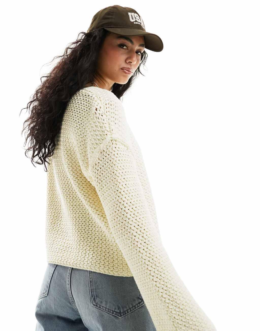 ASOS DESIGN v neck sweater in textured stitch in cream Product Image