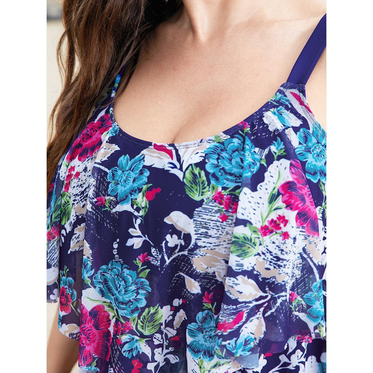 Plus Size Floral Print Asymmetrical Tiered Hem Ruffles One Piece Swimsuit Women's Swimwear DarkBlue Vacation Adjustable Straps Curve Bathing Suits High stretch One Pieces BloomChic 22-24/3X Product Image
