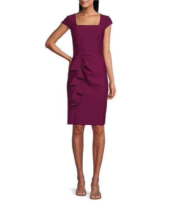 Alex Evenings Cap Sleeve Square Neck Front Cascade Ruffle Dress Product Image