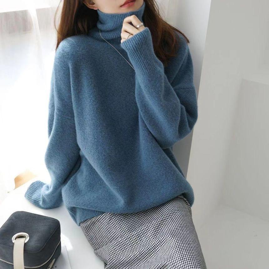 Drop Shoulder Turtleneck Plain Oversized Sweater Product Image