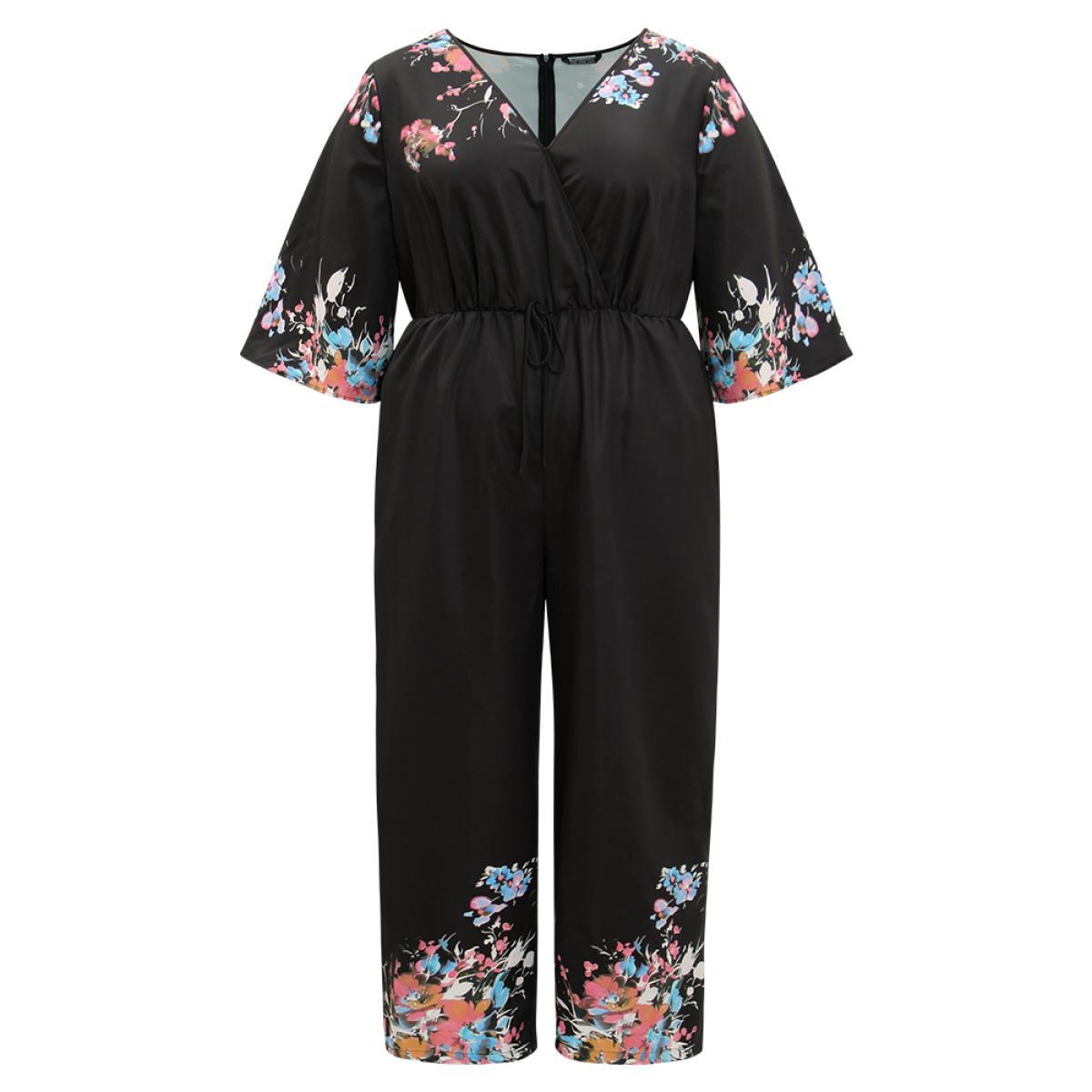 Plus Size Black Boho Print Drawstring Pocket Flutter Sleeve Jumpsuit Women Elegant Elbow-length sleeve V-neck Everyday Loose Jumpsuits BloomChic 18-20/2X Product Image