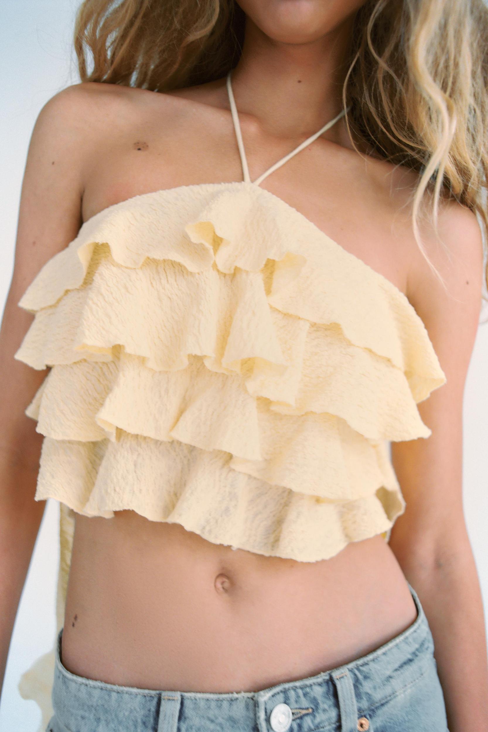 RUFFLED TEXTURED CROP HALTER TOP Product Image