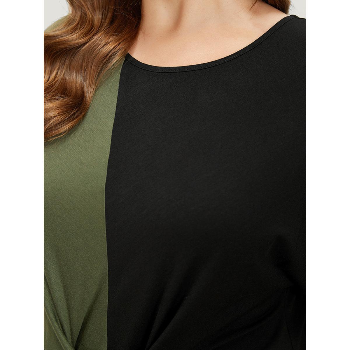Plus Size Two Tone Batwing Sleeve Knot Front Dress ArmyGreen Women Casual Contrast Round Neck Short sleeve Curvy Knee Dress BloomChic 30/6X Product Image