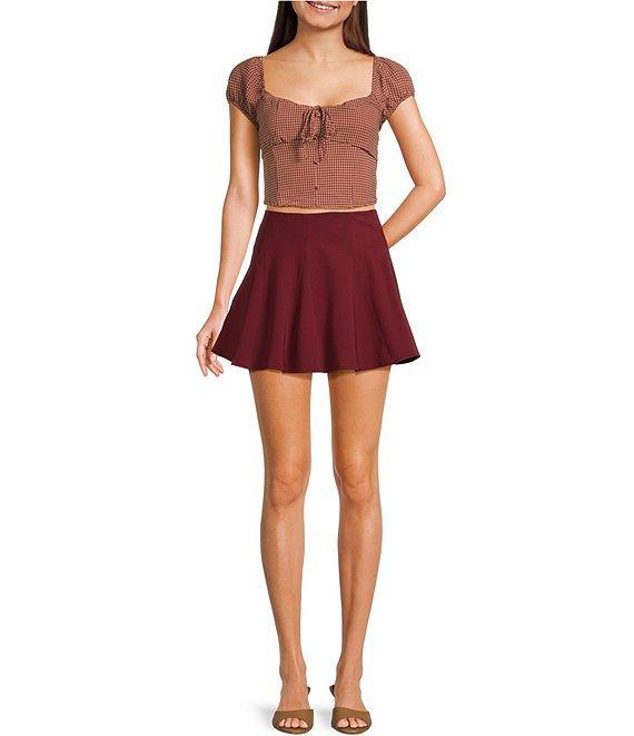 Blu Pepper Plaid Square Neck Tie Front Short Sleeve Crop Top Product Image