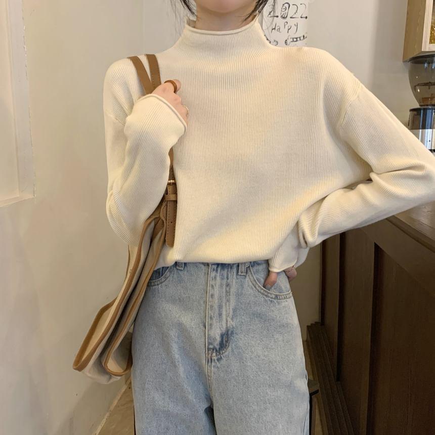 Long-Sleeve Mock Neck Ribbed Knit Top Product Image