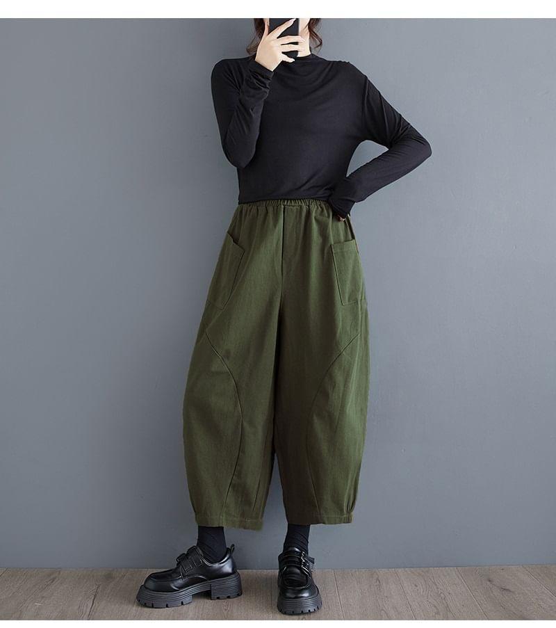 Elastic Waist Plain Cropped Baggy Pants Product Image
