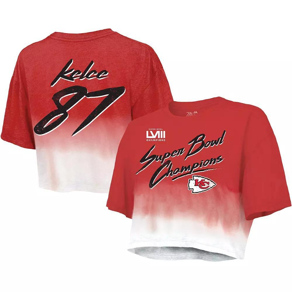 Women's Majestic Threads Travis Kelce Red/White Kansas City Chiefs Super Bowl LVIII Dip-Dye Player Name & Number Crop Top, Size: Large Product Image