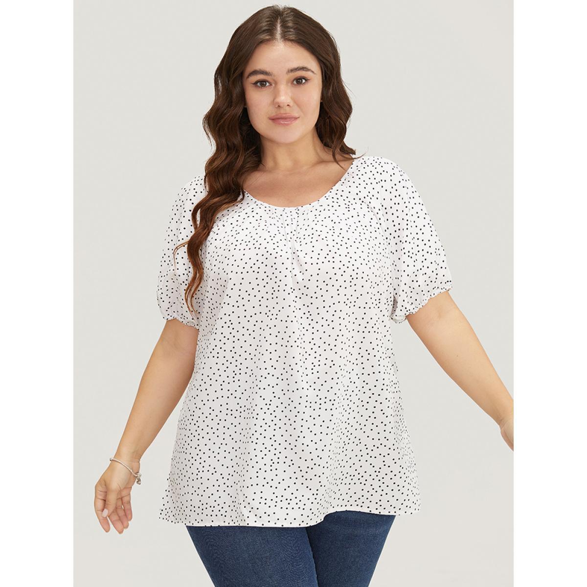 Plus Size White Polka Dot Pleated Round Neck Puff Sleeve Blouse Women Office Short sleeve Round Neck Work Blouses BloomChic 26/4X Product Image