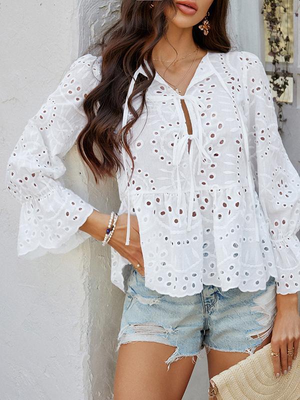 Long Sleeves Loose Elasticity Hollow Pleated Solid Color Tied Round-Neck Blouses&Shirts Tops Product Image