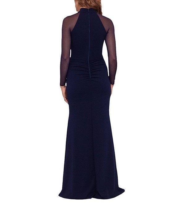 Betsy & Adam Mock Neck Illusion Long Sleeve Ruffled Scuba Crepe Mesh Gown Product Image