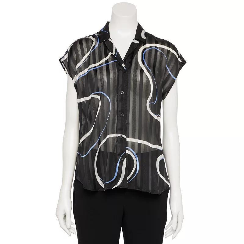 Women's Nine West Adaptive Short Sleeve Button Down Lapel Collar Shirt, Size: Medium, Black Simple Swirl Product Image