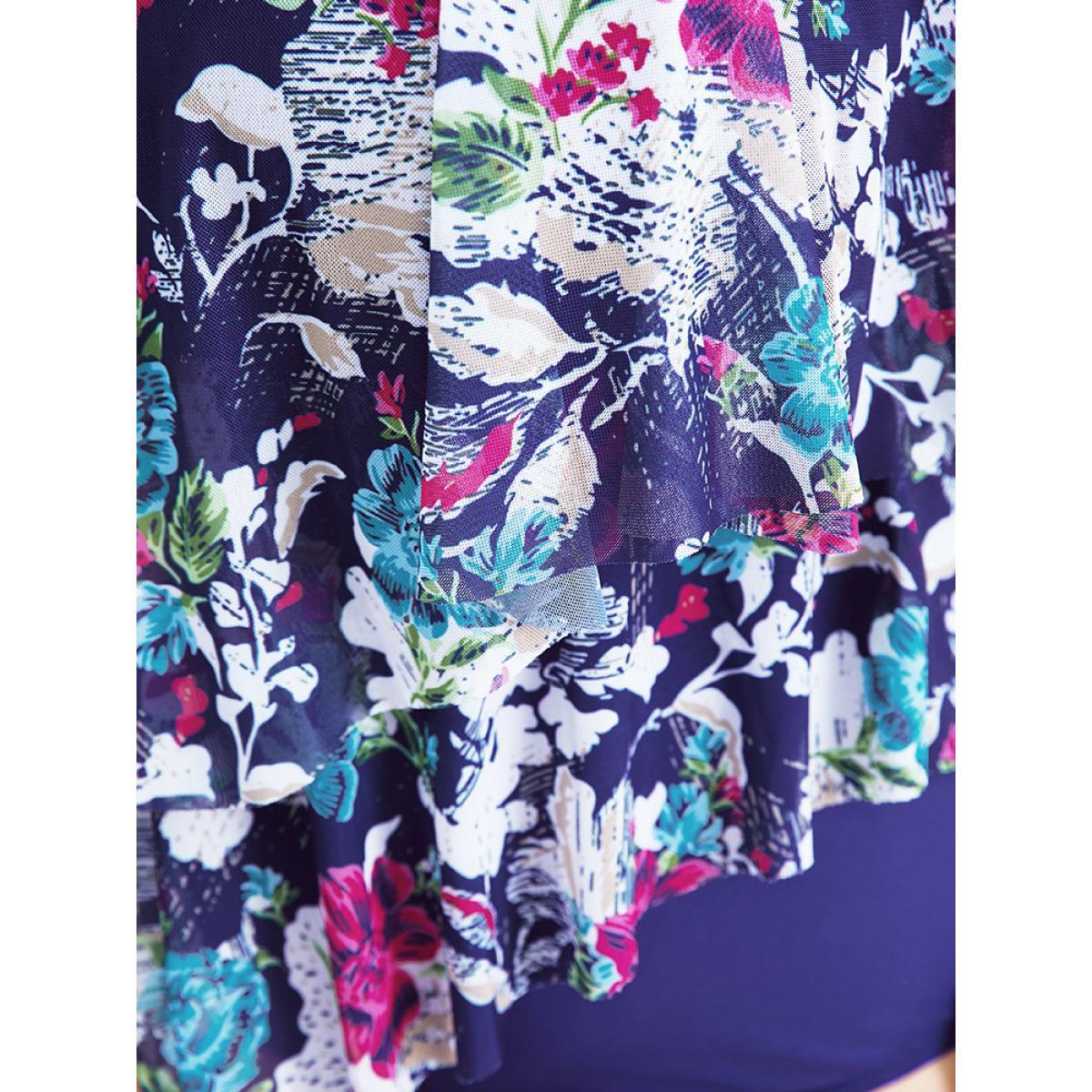 Plus Size Floral Print Asymmetrical Tiered Hem Ruffles One Piece Swimsuit Women's Swimwear DarkBlue Vacation Adjustable Straps Curve Bathing Suits High stretch One Pieces BloomChic 22-24/3X Product Image