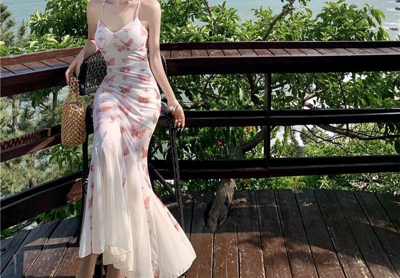 Spaghetti Strap V-Neck Butterfly Print Midi Mermaid Dress Product Image