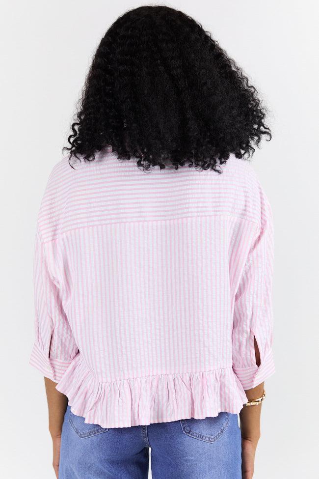 In Depth Pink Ruffle Hem Textured Stripe Button Down Top SALE Product Image