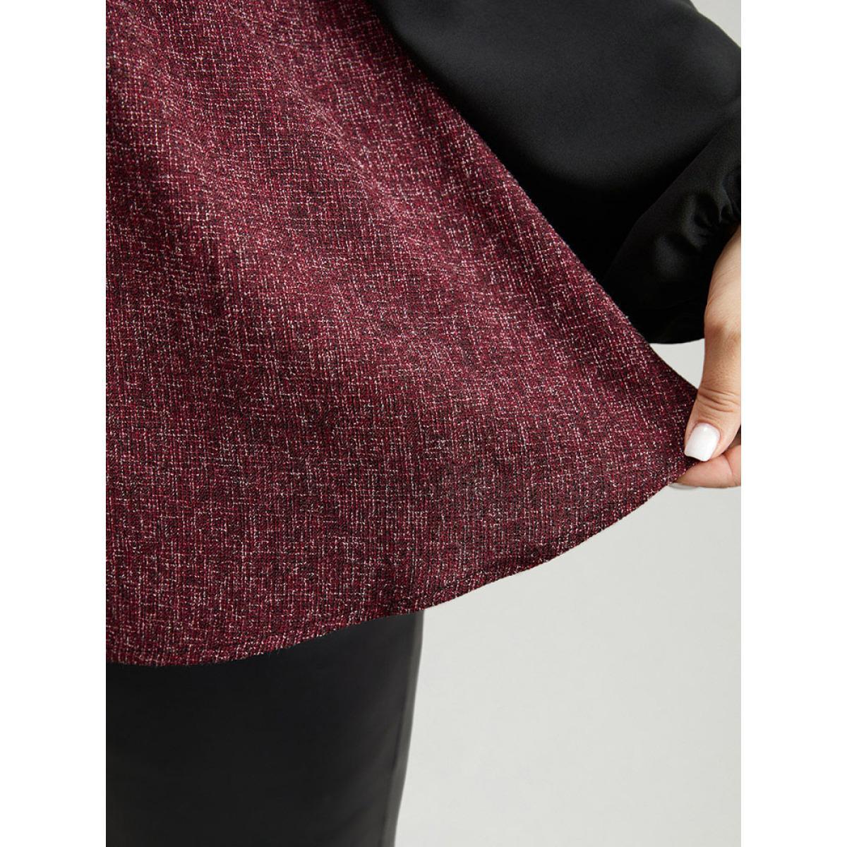 Plus Size Burgundy Contrast Patchwork Lantern Sleeve Elastic Waist Blouse Women Elegant Long Sleeve Round Neck Festival-Christmas Blouses BloomChic 22-24/3X Product Image
