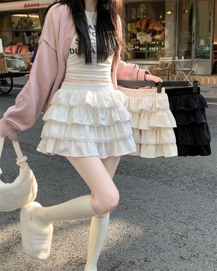 High Waist Plain Lace Trim Tiered Mini A-Line Skirt Product Image
