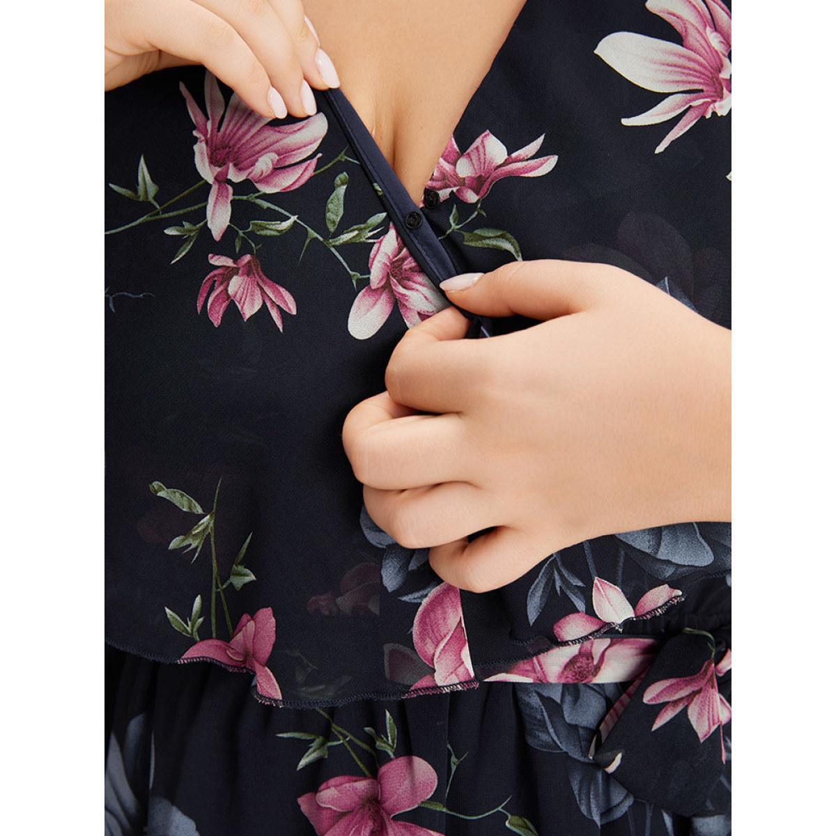 Plus Size Multicolor Floral Split Batwing Sleeve Wrap Mesh Belted Blouse Women Glamour Cap Sleeve Deep V-neck Going out Blouses BloomChic 10/M Product Image