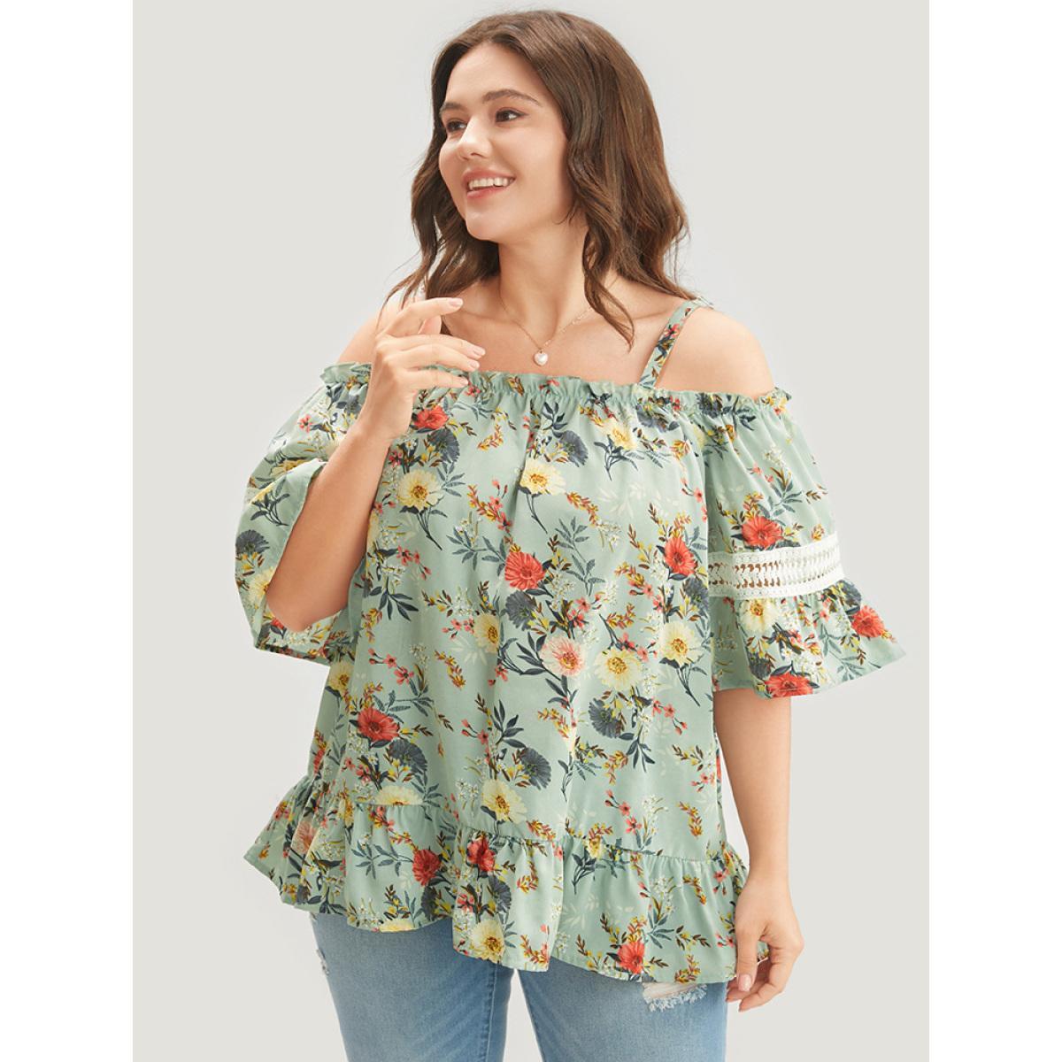Plus Size Mint Floral Print Lace Insert Ruffles Cold Shoulder Blouse Women Elegant Short sleeve Cold Shoulder Dailywear Blouses BloomChic 14-16/1X Product Image