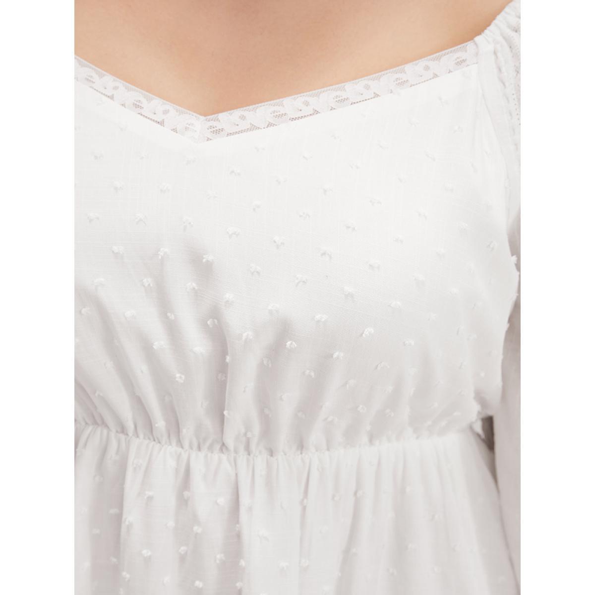 Plus Size WhiteSmoke Solid Lace Patchwork Lantern Sleeve Blouse Women Elegant Long Sleeve V-neck Dailywear Blouses BloomChic 12/L Product Image