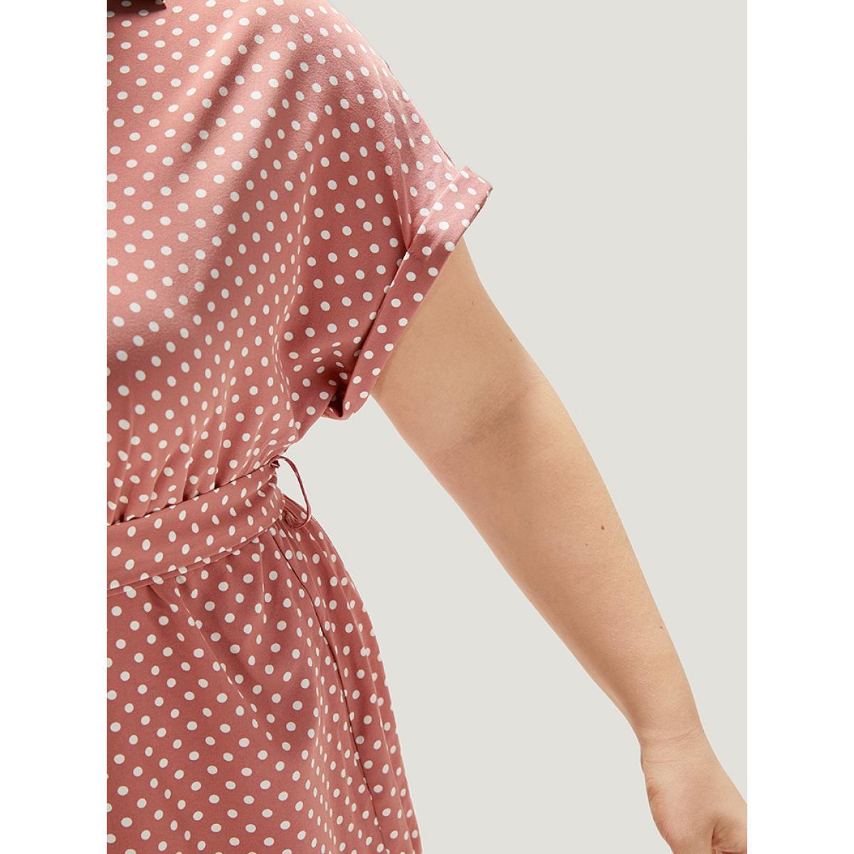 Plus Size Polka Dot Metal Buckle Belt Button Detail Dress DustyPink Women Office Belted V-neck Short sleeve Curvy Midi Dress BloomChic 26/4X Product Image