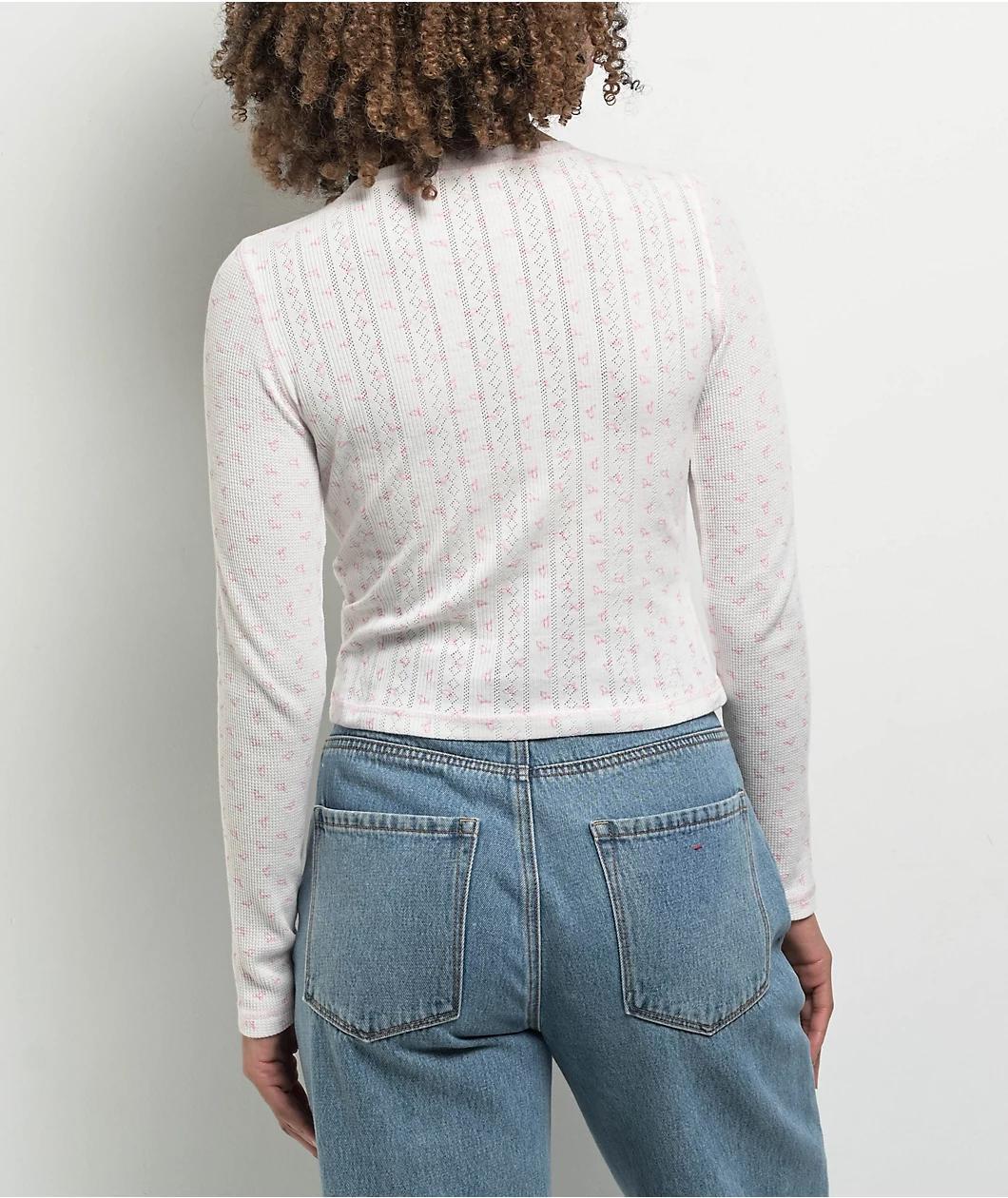 Freeworld Thea Pointelle Bow White & Pink Crop Thermal Long Sleeve T-Shirt Product Image
