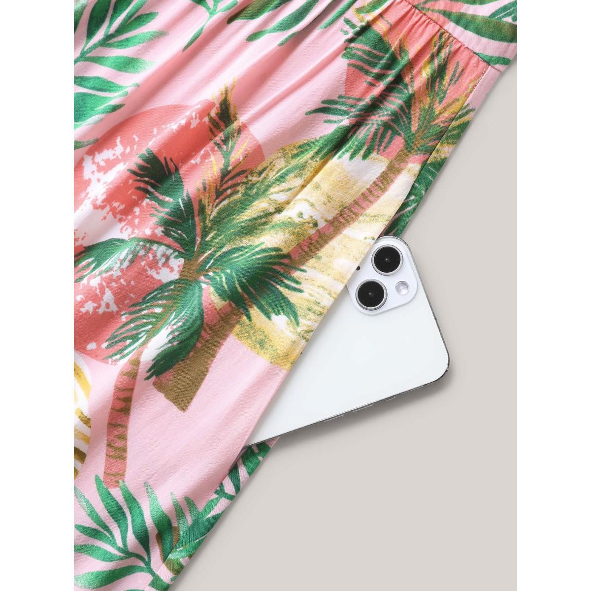 Plus Size Tropical Print Cinched-Waist Pockets Midi Dress Lightpink Women Round Neck Sleeveless Curvy BloomChic 12/L Product Image