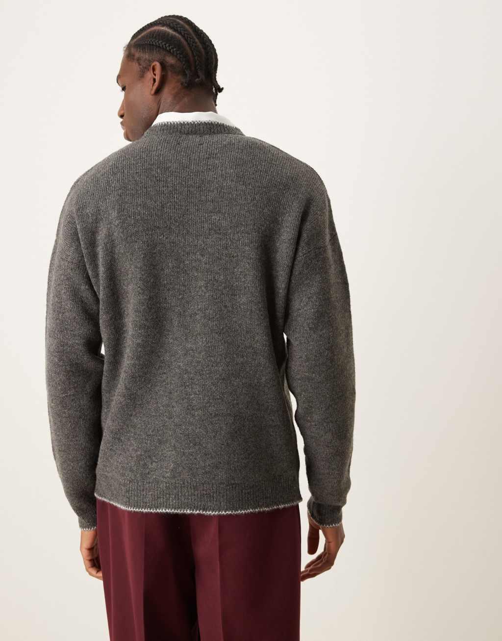 ASOS DESIGN relaxed knit plush sweater in charcoal with contrast blanket stitch Product Image