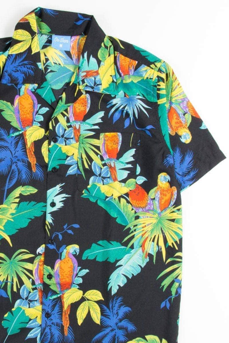 Black Contrast Colored Parrots Hawaiian Shirt Product Image