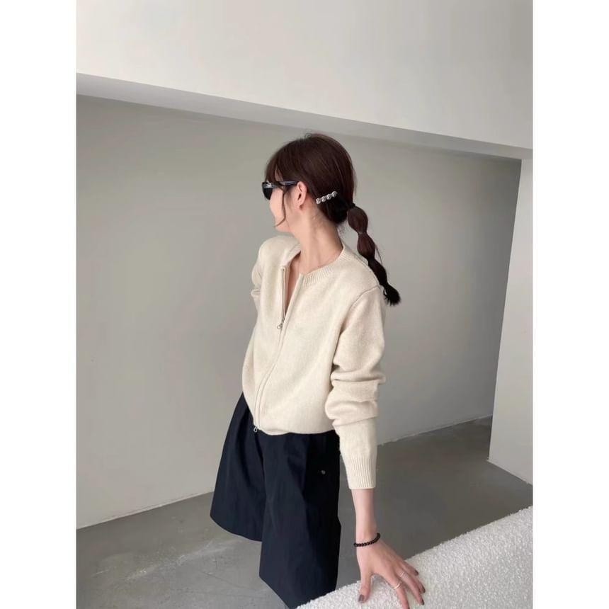 Round Neck Bow Print Zip Cardigan Product Image