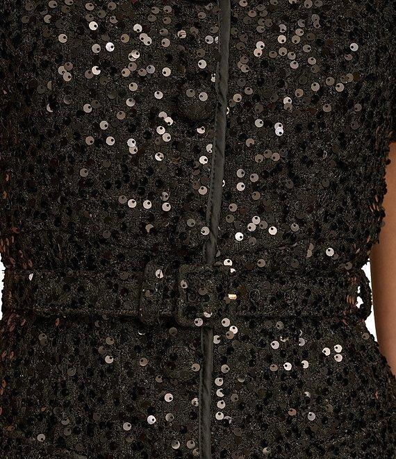 Donna Karan Sequin Tweed Square Neck Short Sleeve Belted Sheath Dress Product Image