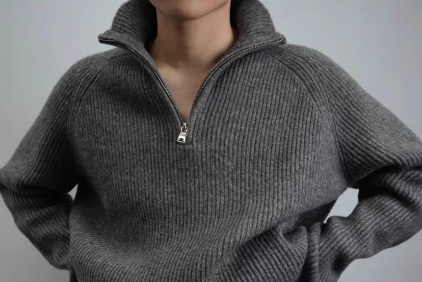 Turtleneck Plain Half Zip Ribbed Sweater Product Image