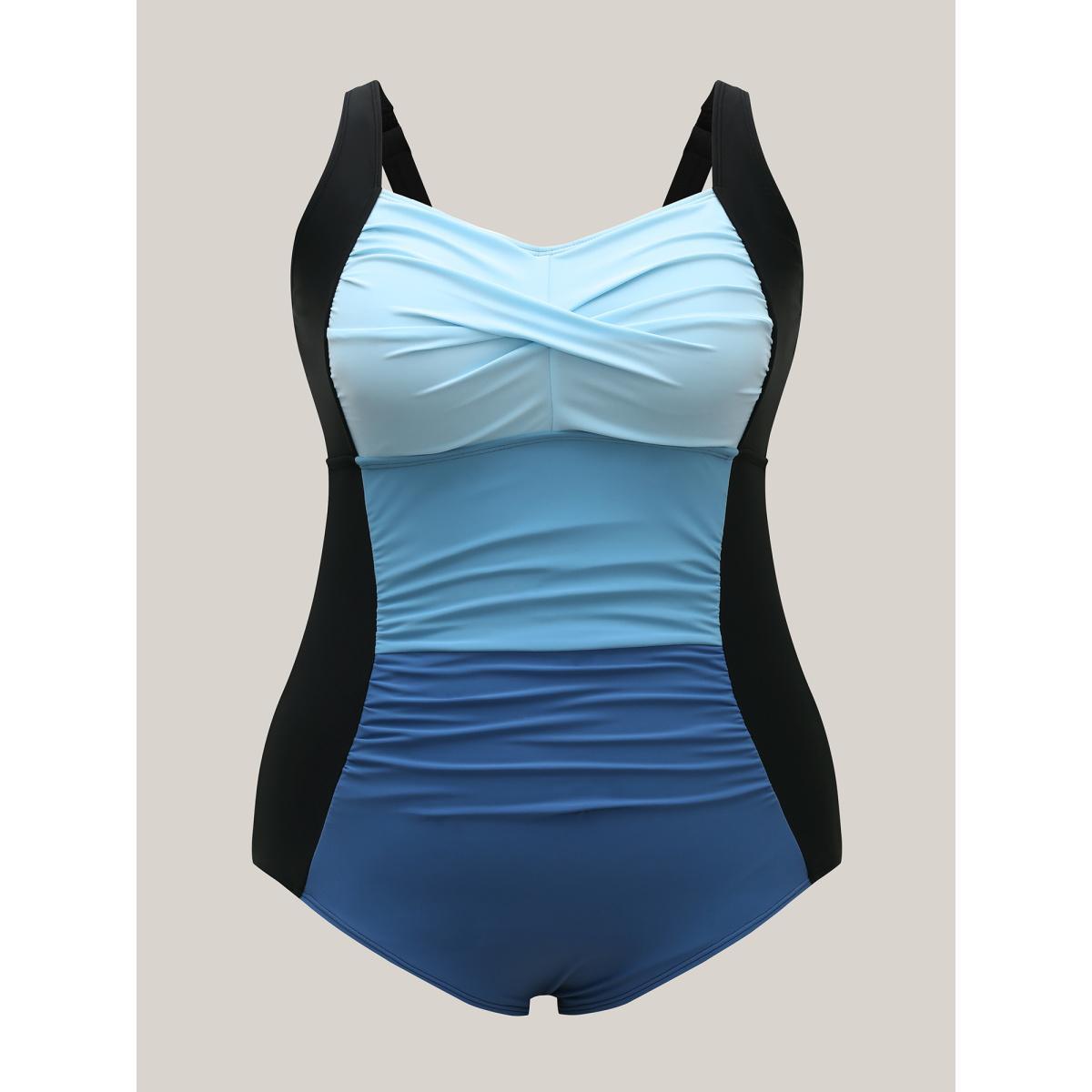 Plus Size Color Block Ruched One-Piece Swimsuit Women's Swimwear Indigo Beach Twist Curve Bathing Suits High stretch One Pieces BloomChic 10/M Product Image