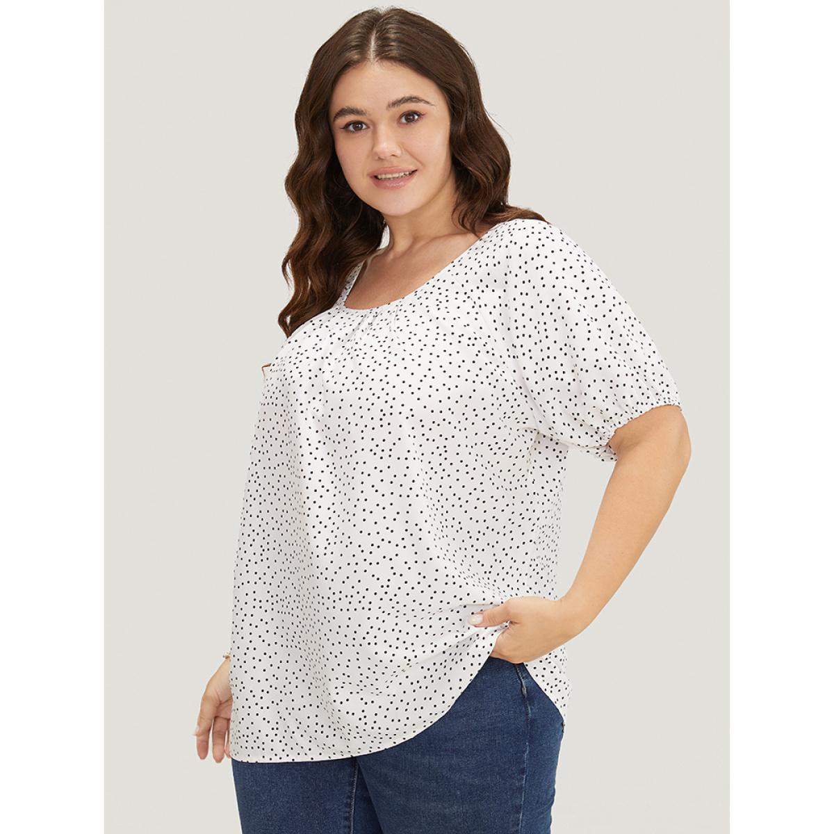 Plus Size White Polka Dot Pleated Round Neck Puff Sleeve Blouse Women Office Short sleeve Round Neck Work Blouses BloomChic 26/4X Product Image