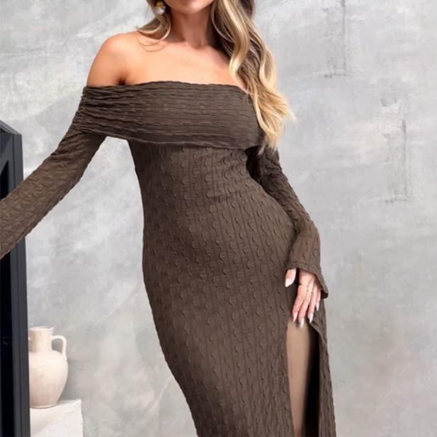 Long Sleeve Off Shoulder Plain Slit Maxi Sheath Dress Product Image