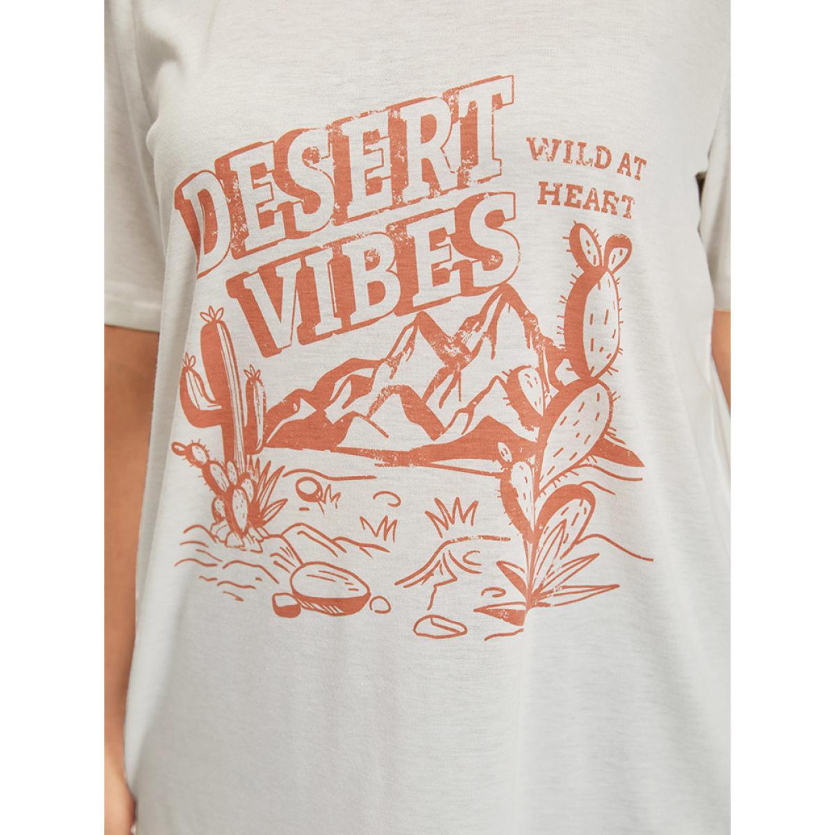 Plus Size Cactus & Letter Print Crew Neck T-shirt White Women Casual Printed Landscape Dailywear T-shirts BloomChic 14-16/1X Product Image