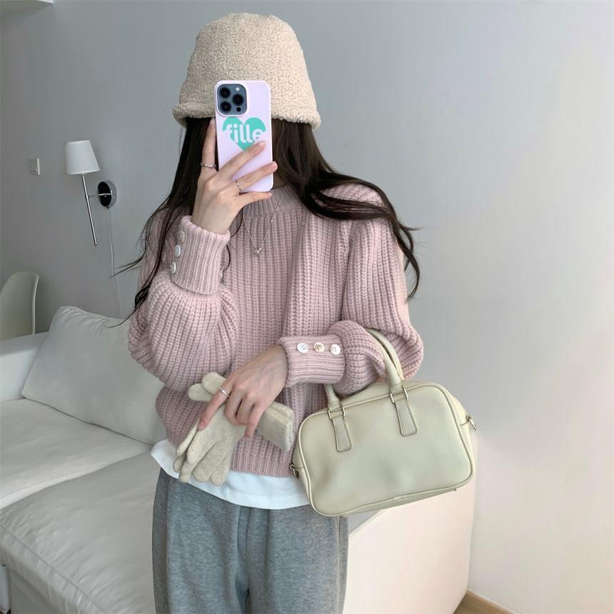 Mock Neck Plain Button Accent Chunky Knit Sweater Product Image