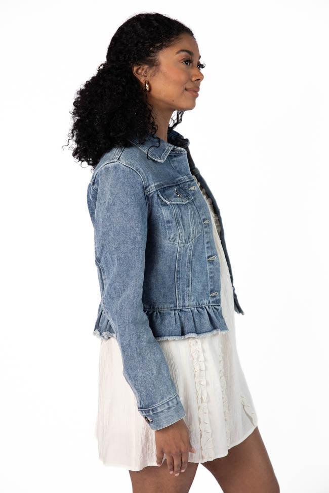 Denim Dreams Light Wash Peplum Detail Denim Jacket Product Image