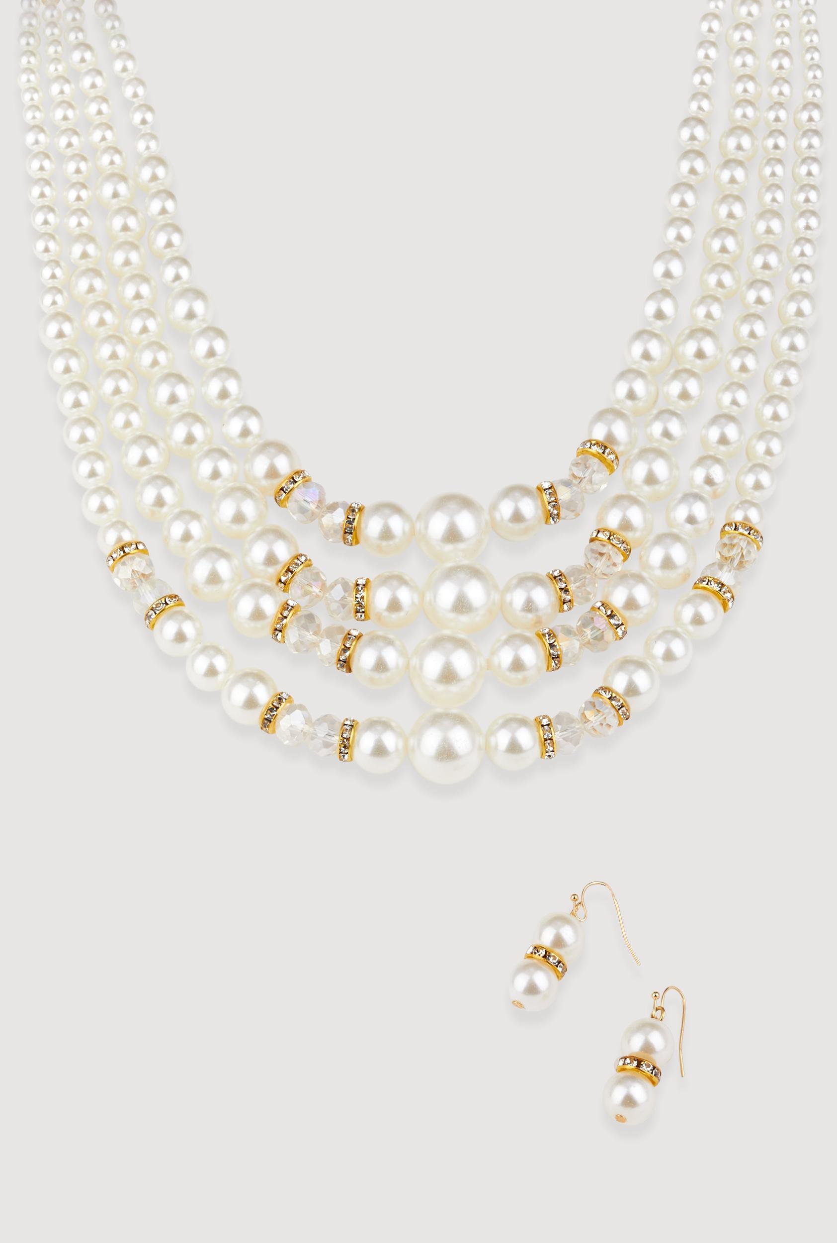 Faux Pearl Rhinestone Beaded Layered Necklace with Drop Earrings Male Product Image