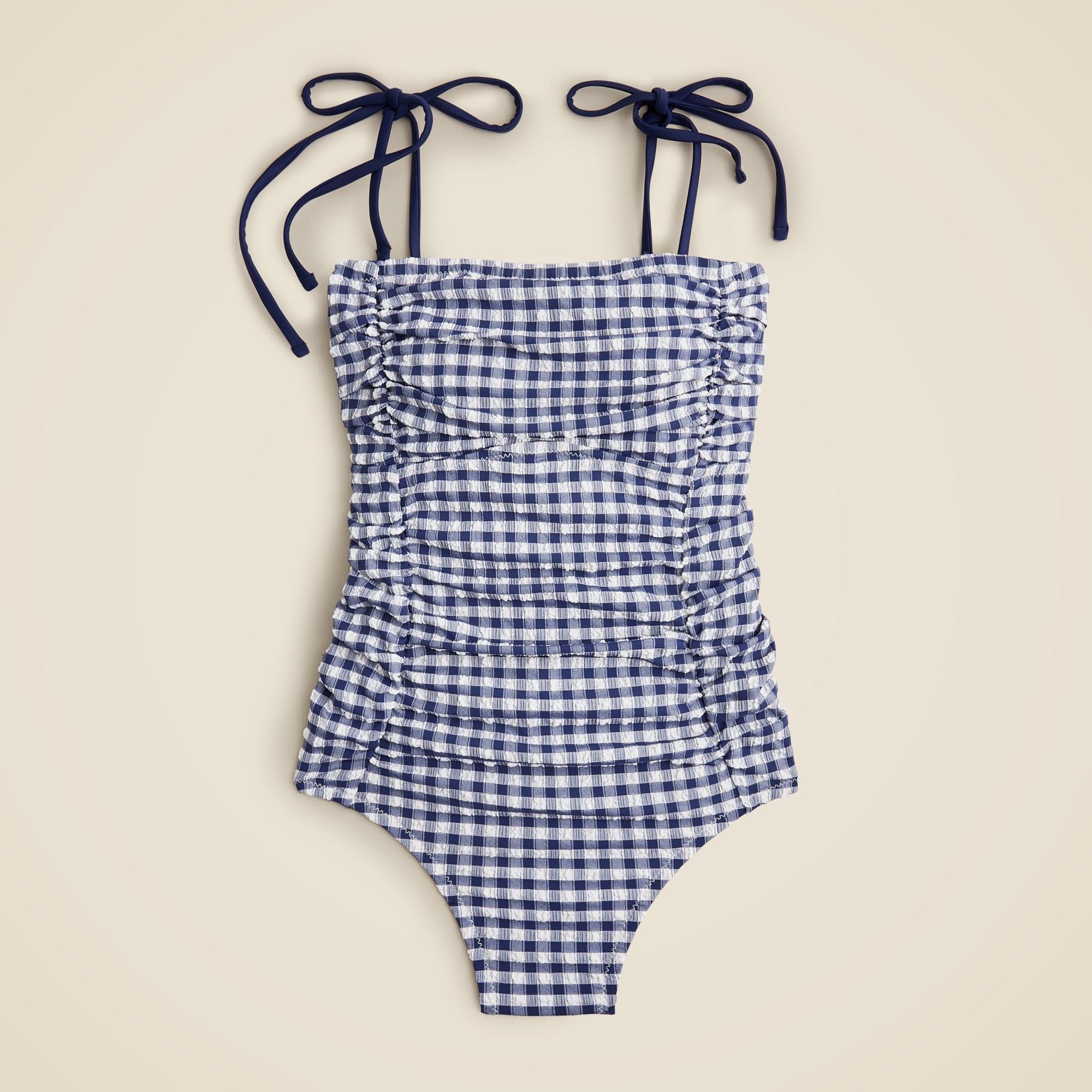 Ruched tie-shoulder one-piece swimsuit in gingham Product Image